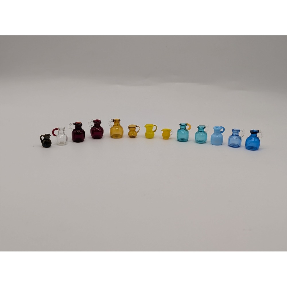 13pc Vintage Miniature Hand Blown Glass Pitchers Rainbow Colors Dollhouse Jugs